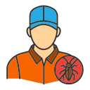 Illustration of a gardener in an orange uniform and blue cap with a plant logo on the chest Illustration of a gardener in an orange uniform and blue cap, with a plant logo on the chest.